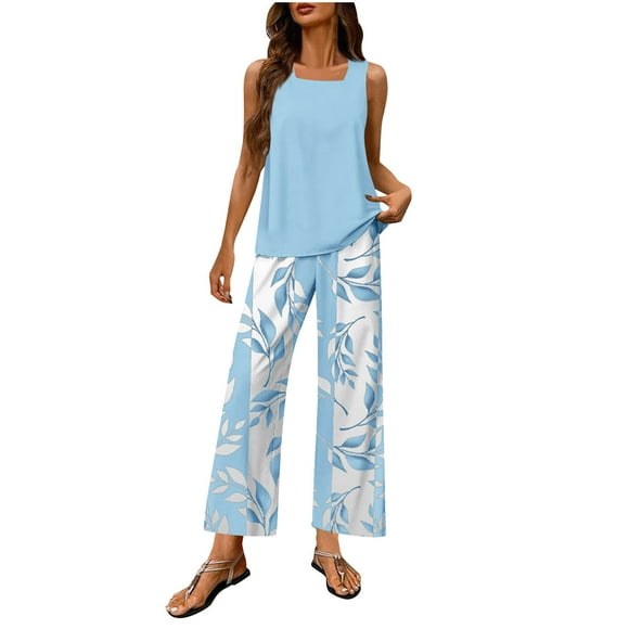 Womens Lounge Wear Pajamas 2 Piece Sleepwear Set Tank Tops Floral Long Pants Casual Plus Size Going Out Outfits Sets Light Blue, L