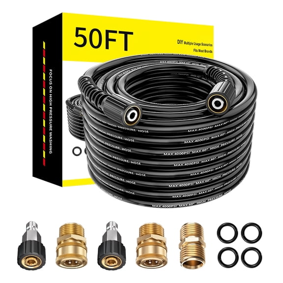 POHIR Pressure Washer Hose 50ft x 1/4", 4000PSI Resistant Replacement Hose with M22 to 3/8 Quick Connects Couplers, Electric Power Washing Hose for Replacement