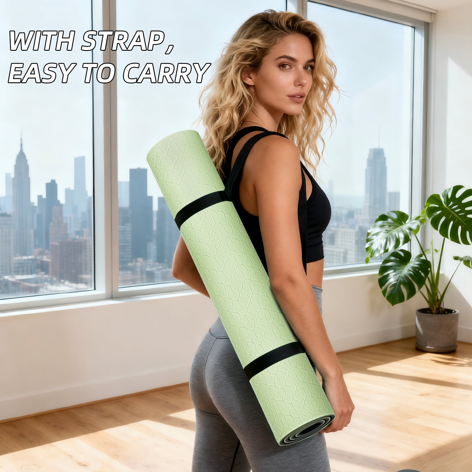 BAIMA Large Yoga Mat Thick Extra Wide and Long ,Roll-up Pilates Mats ,Eco TPE Double-Sided Exercise Pad with Carry Strap(Green+Black)
