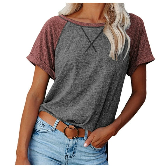 EDHITNR Womens Summer Tops, Womens Tops Dressy Casual, Tank Tops For Women 2024, Fashion Womens Color Splicing Round Neck Casual Short Sleeves Tops