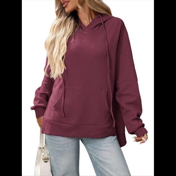 Sudadera con Capucha de Gran Tamaño para Mujer, Informal, de Larga, de Punto, con Cordón Ajustable, Abertura Lateral y Bolsillo Vino Tinto M