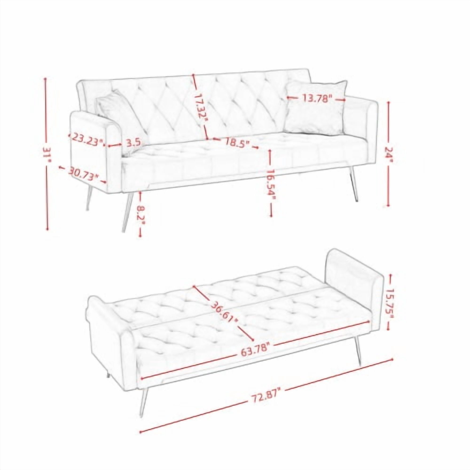 72-Inch Foldable Sleeper Sofa, Tufted American Retro Style, Velvet Couch with 3 Adjustable Positions, Ideal for Small Living Rooms, Bedrooms and Offices, Beige