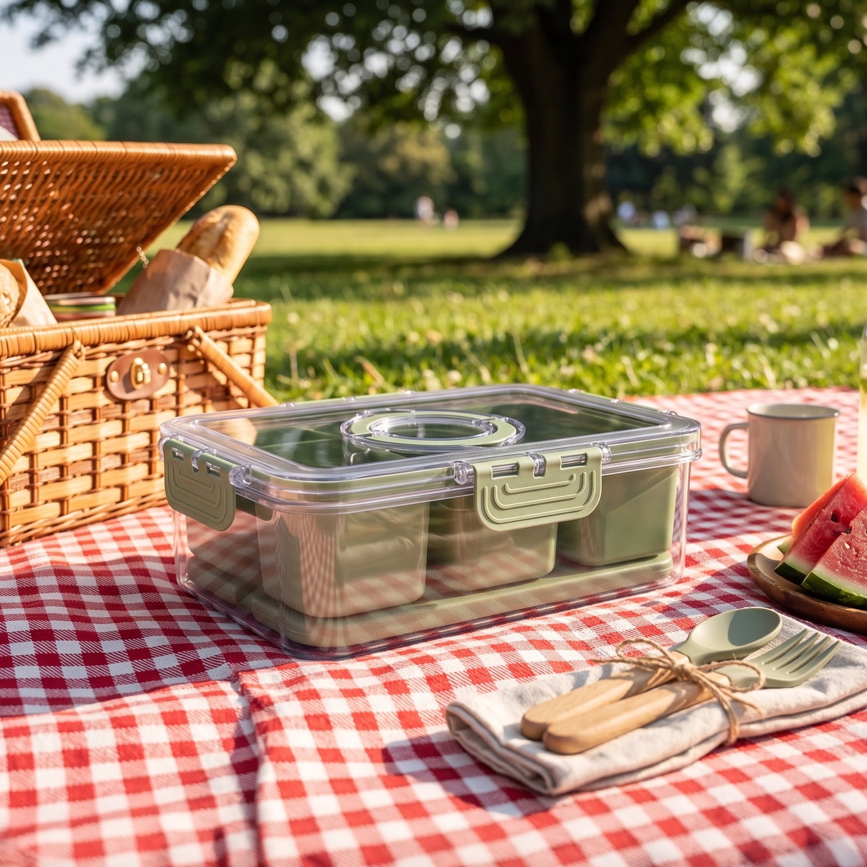 Cook with Color 3-Compartment Portable Snack Box Food Storage Container with Removable Ice Pack, Sage