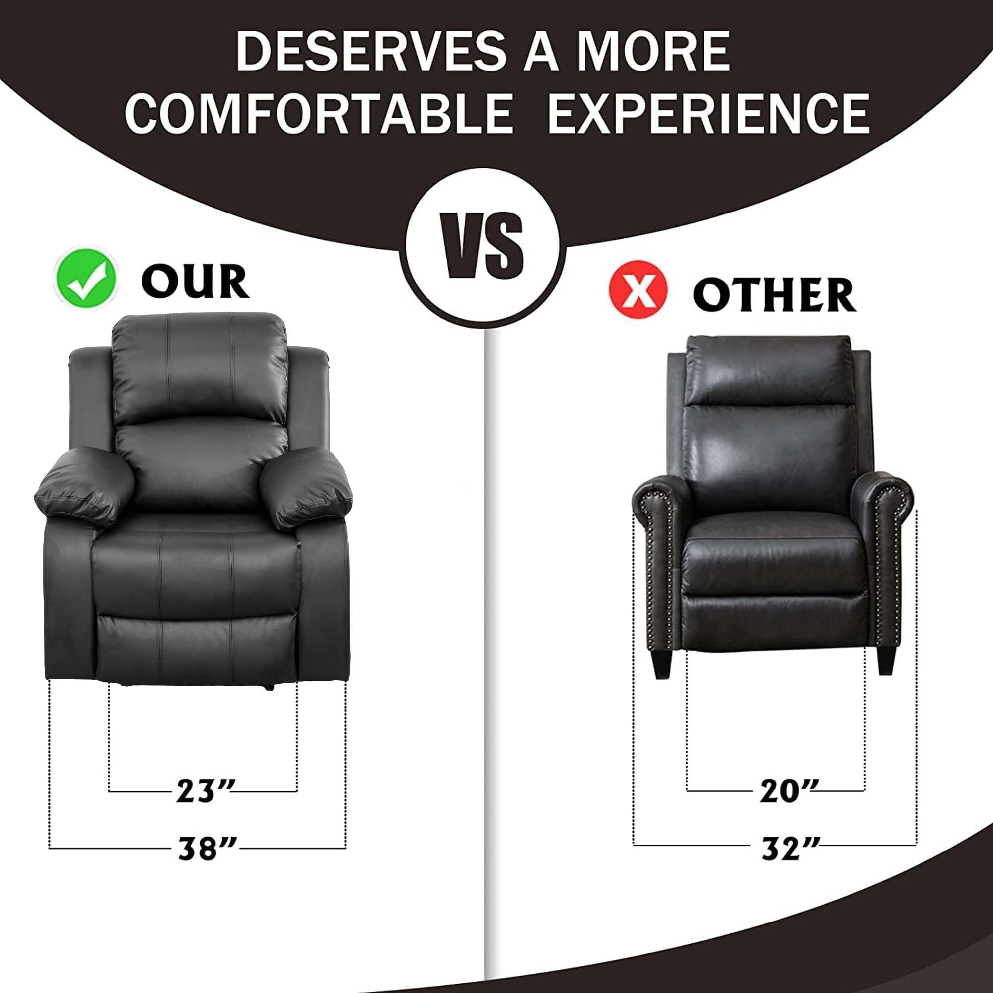 Aukfa Leather Recliner Chair, 38" Overstuffed Armchair Living Room Read Chair for Adults, Black