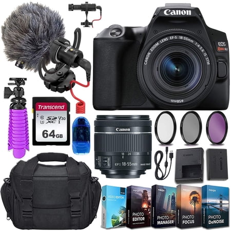 Canon EOS Rebel SL3 DSLR Camera with 18-55mm STM Lens  Rode VideoMicro Compact on-camera microphone  64GB Transcend memory card  camera bag  and essential accessory bundle