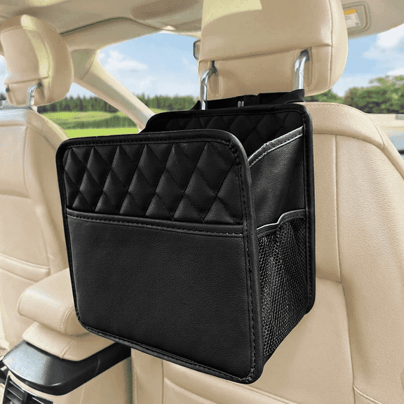 KAIRUI Car Trash Bag Hanging 2.14 Gallon PU Leather Backseat Organizer with Storage Pockets Universal Fit