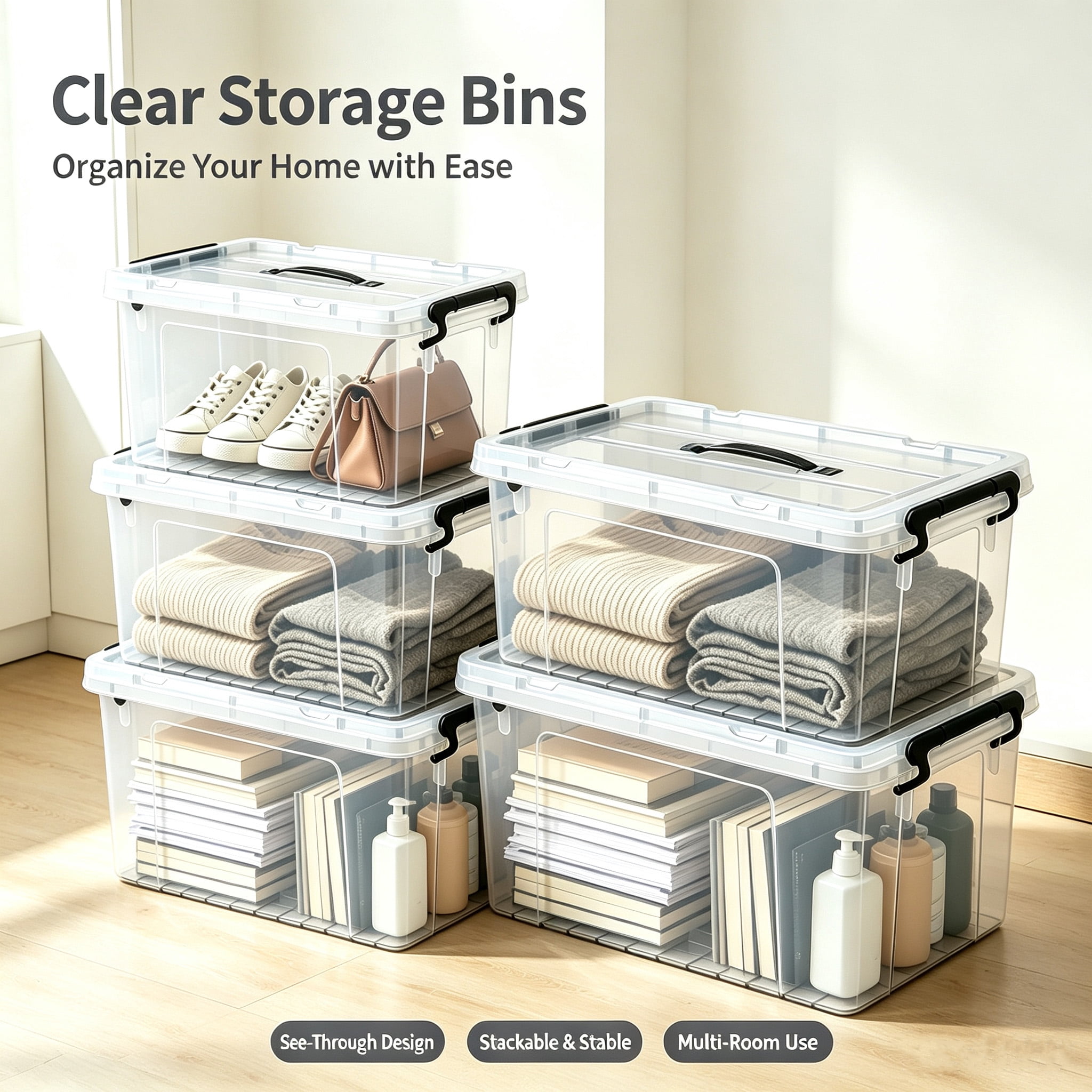 Storage Bins with Lids 4-Pack 90 QT, Stackable Plastic Containers and Organizer Totes with Secure Latches for Home Office Garage, Clear White
