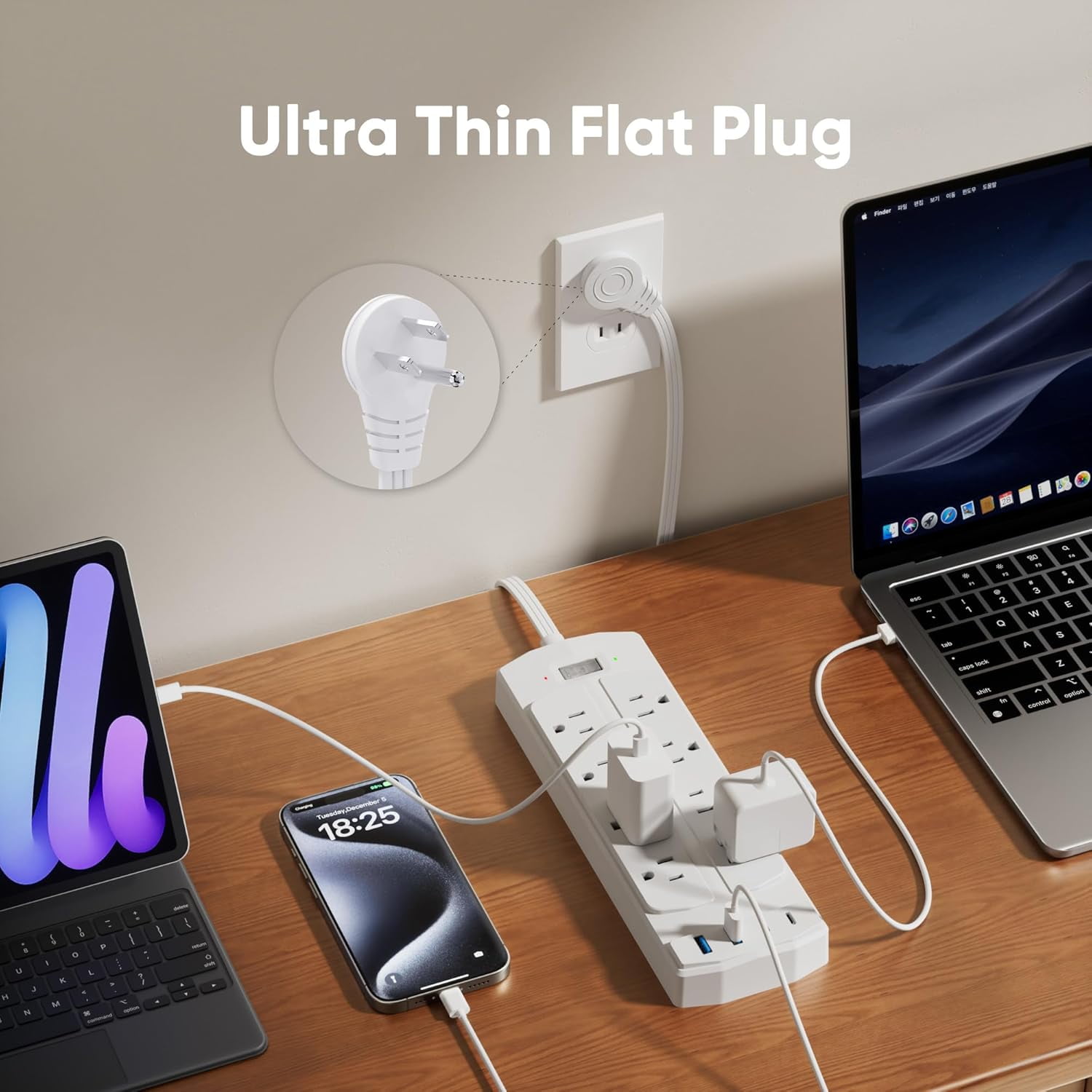 Surge Protector , Flat Plug Extension Cord with 8 AC Outlets & 4 USB Ports (2 USB-C), 5 FT Power Cord, 1200 Joules, Wall Mount, Desk Charging Station for Home Office, White
