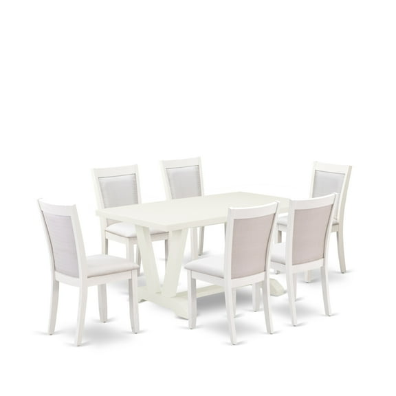 East West Furniture V-Style 7-Piece Asian Wood Dining Set in White/Cream