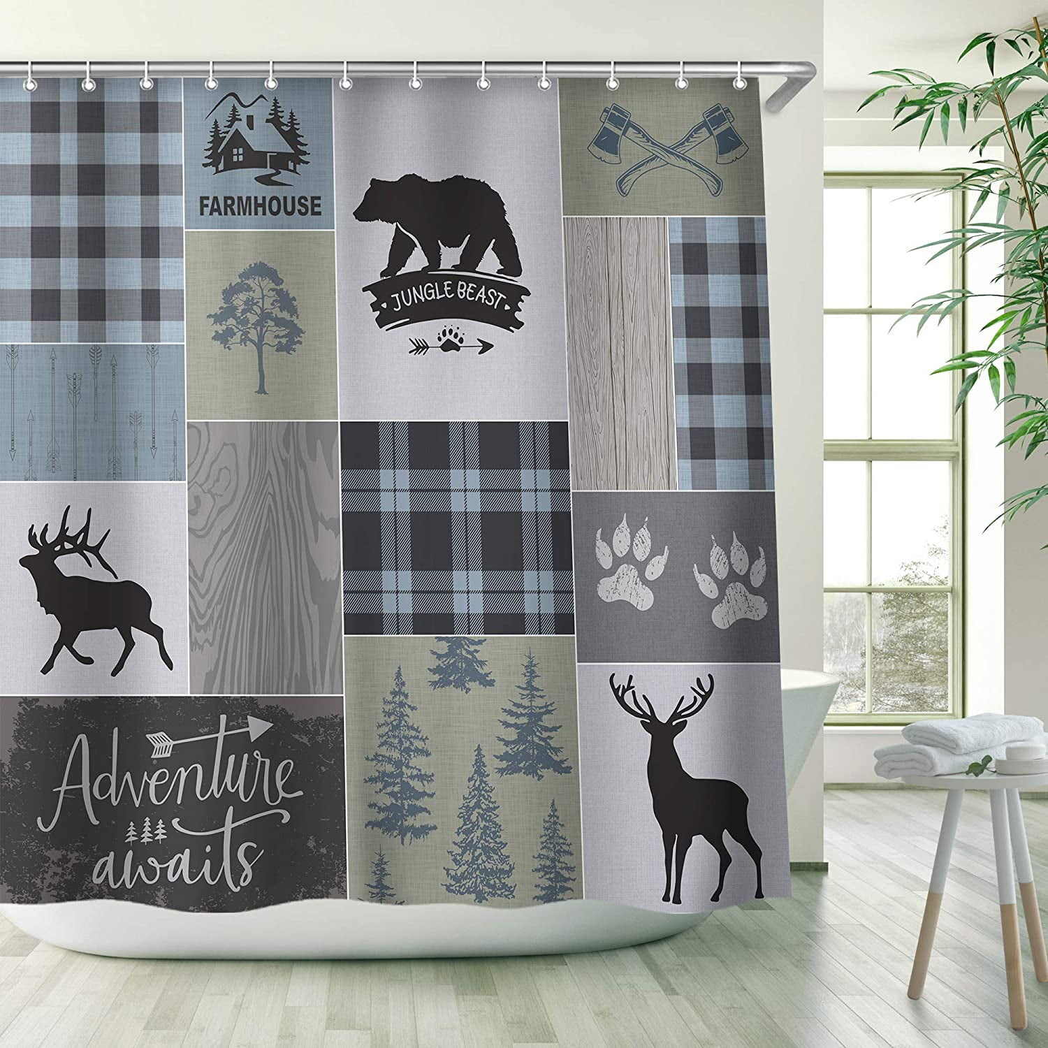 Cabin Shower Curtain, Rustic Shower Curtain, Farmhouse Bear Deer Shower
