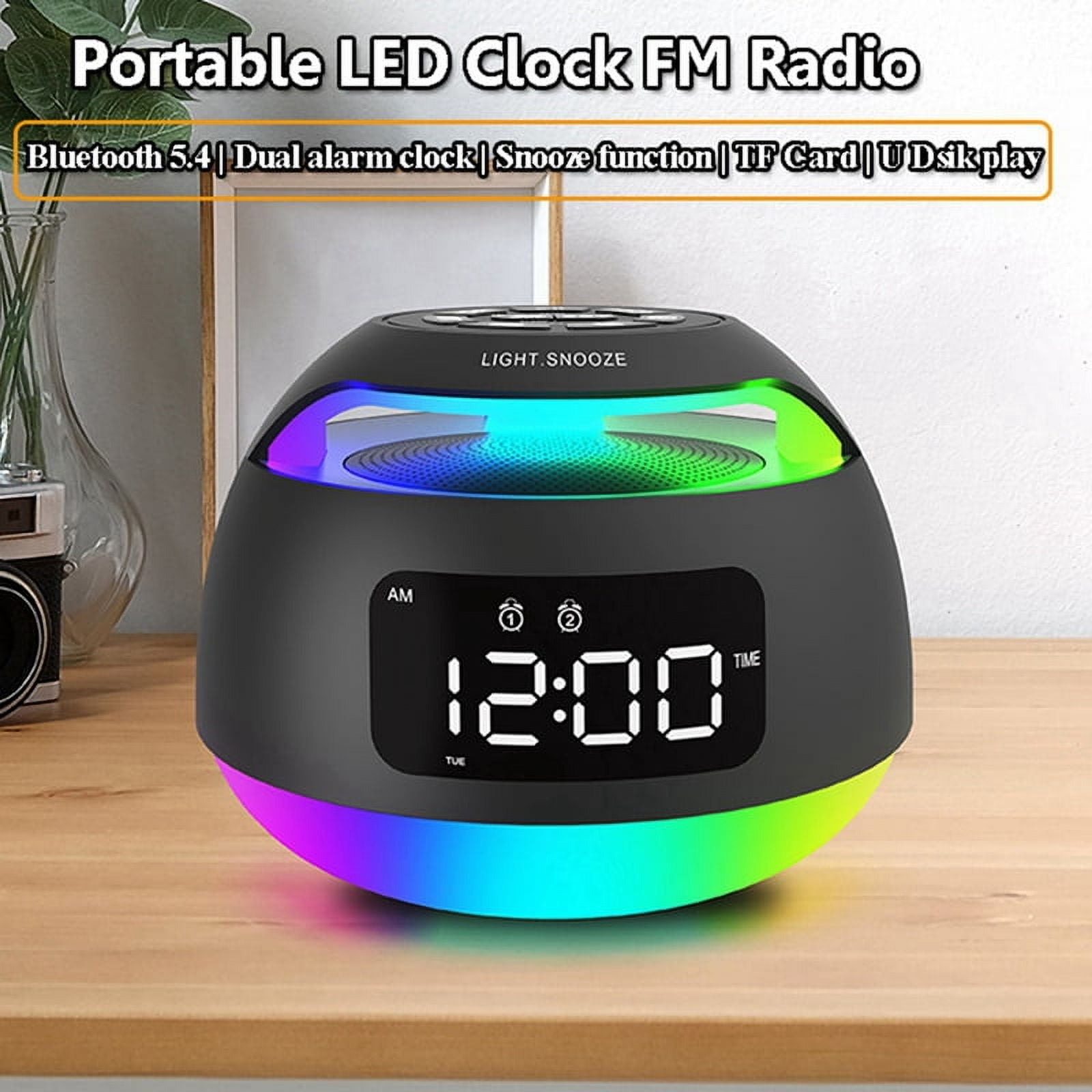 Portable LED Alarm Clock Radio RGB ColorfulLight Radio Receiver Wireless Bluetooth Speaker with DualAlarm Clock Snooze,A
