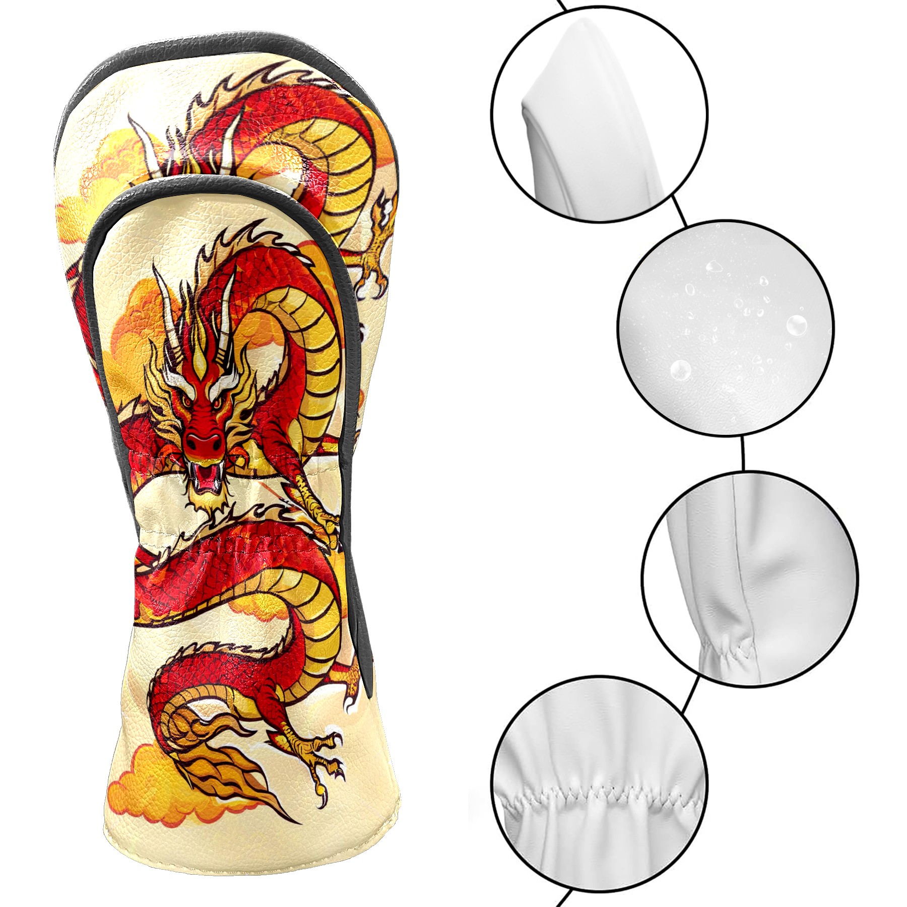 Golf Club Covers, Dragon Yellow Premium PU Leather Driver Hybrid Putter Head Covers with Velvet Lining, Waterproof Golf Gifts for Men Women