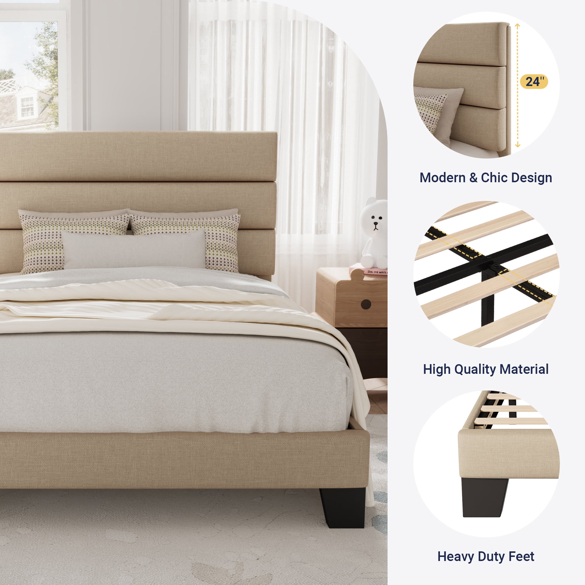 Allewie Twin Size Platform Bed Frame with Fabric Upholstered Headboard, No Box Spring Needed, Beige