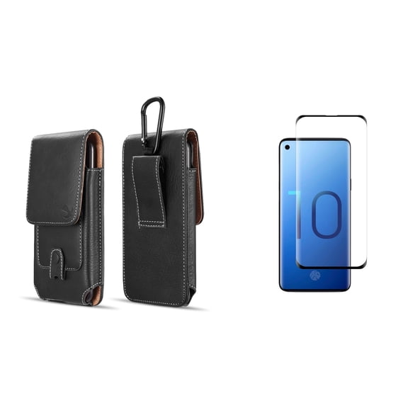 Luxmo Vertical Belt Holster Carrying Case with Card Slots (Black) for Samsung Galaxy S10  Plus with Tempered Glass Screen Protector and Atom Cloth