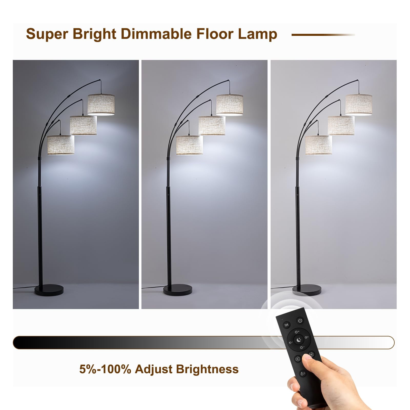 Floor Lamps for Living Room, 2400LM Super Bright Arc Floor Lamp with Remote Control, 3 Light Tall Floor Lamps with Stepless Dimmable, 80" Mid Century Tree Floor Lamp for Bedroom, Office
