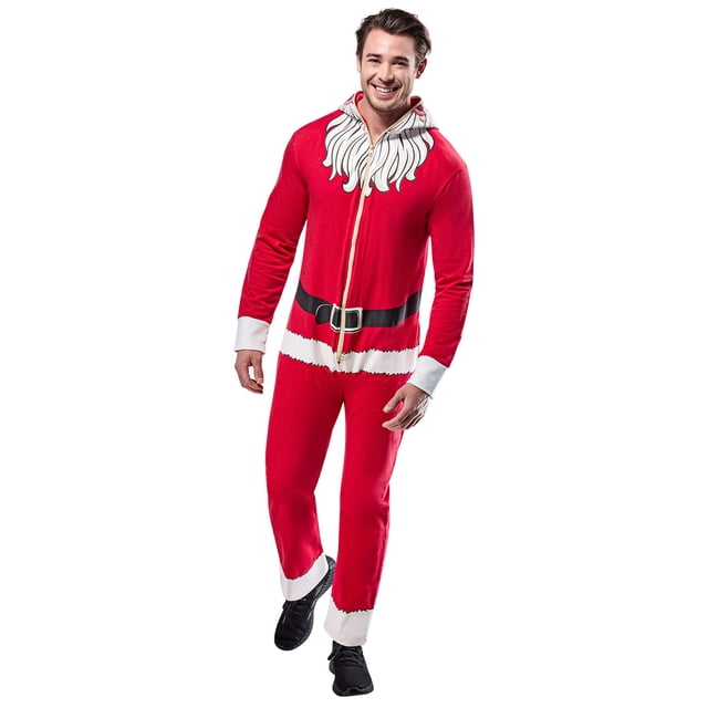 Rubies Santa Claus Zipsters Masked-Up Costume for Adults, men's red cotton hooded jumpsuit with printed white fur trim on cuffs and ankles, black belt graphic at waist, and white beard design around the neck, featuring a full front zipper extending to the hood for mask use, suitable for holiday parties and themed events.