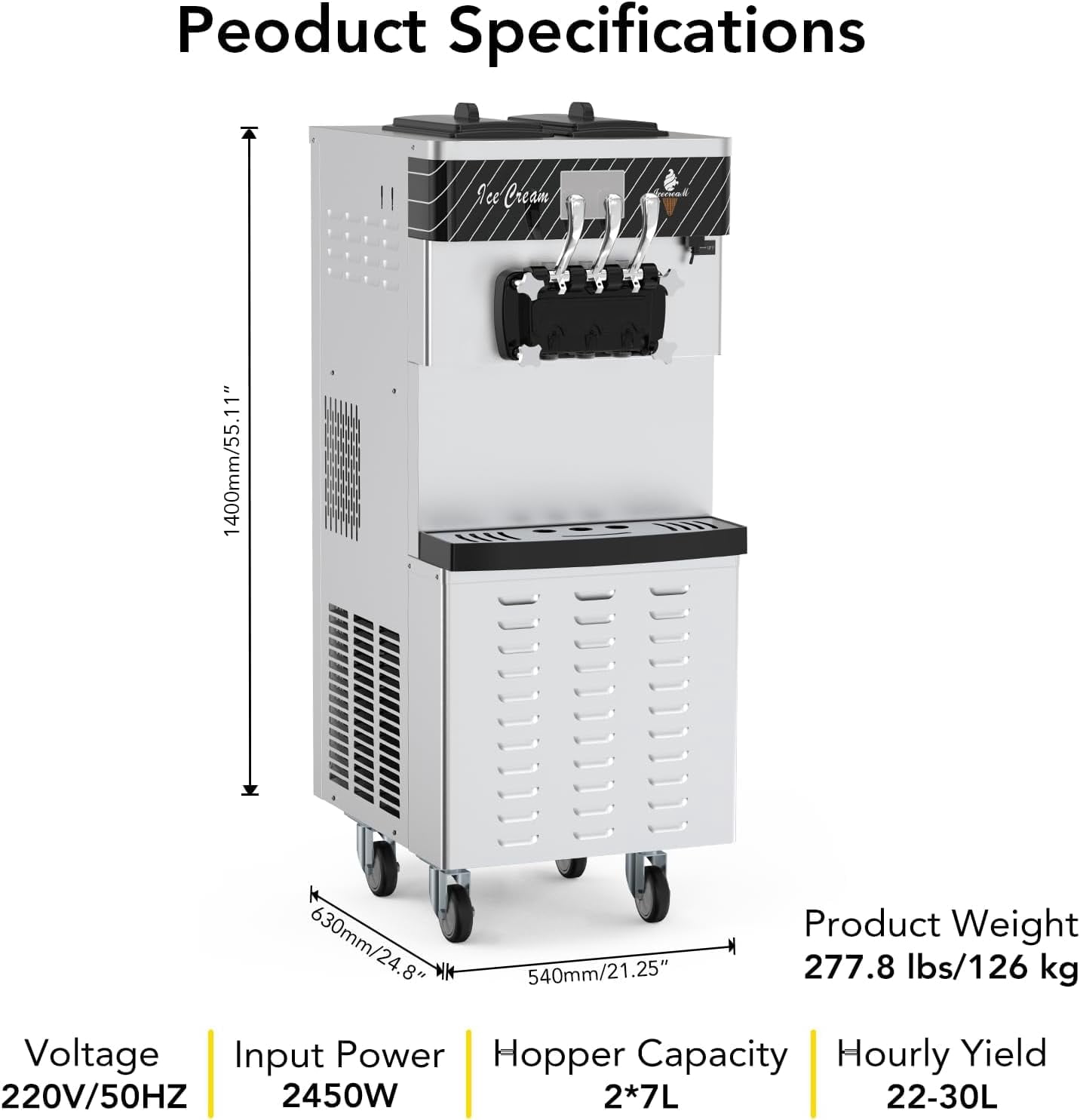 Commercial Soft Serve Ice Cream Machine-2200W Commercial Ice Cream Maker, Fast Cooling, One-Click Cleaning for Cafe, Restaurant and Bars
