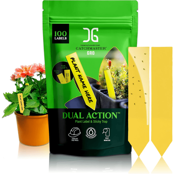 Catchmaster Dual Action Plant Labels & Sticky Traps 100PK, Indoor Outdoor Plant Stakes