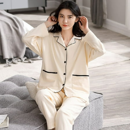 

PIKADINGNIS Women Sleepwear Suit Spring Autumn Womens Full Cotton Long Sleeve Pajamas Set Loose Adult Mother Sleepwear Set Soft Home Cloth