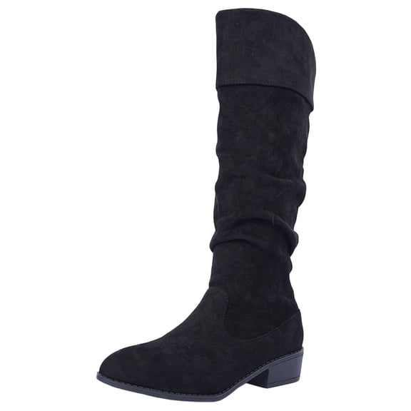 SAWOBUUN Womens Slouchy Knee High Boots Pointed Toe Cuffed Block Heel Faux Suede Pull On Comfortable Fashion Casual Winter Boots