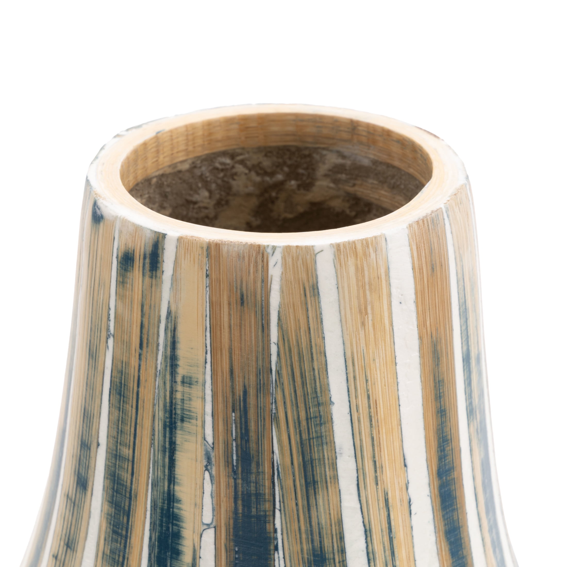 DecMode 16" Brushed Blue Bamboo Wood Vase with Cream Accents and White Stripes