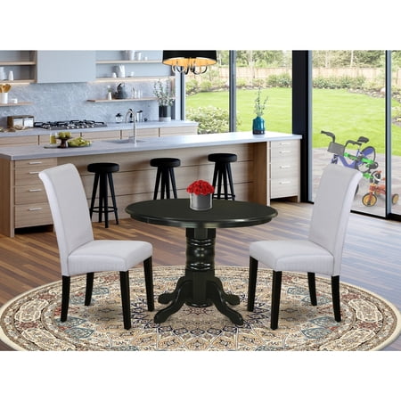 Small Round Kitchen Dining Set - 3Pc Table & Chairs - Linen Grayish Blue Fabric - Modern Baroque Design