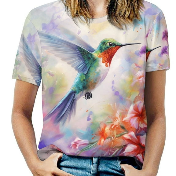 Flower Hummingbird Women's Short Sleeve T-Shirt Crew Neck Casual Summer Trendy Loose Fit Tops