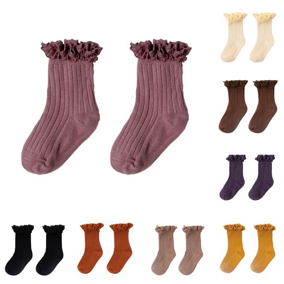 HNMKIU Childrens Lace Solid Color Double Needle Crew Socks for Daily Casual School Outdoor Wear Pink,1-3 Years