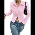 thumbnail image 3 of Camisa Corta A Rayas con Botones para Mujer, Blusa Ajustada de Larga, Camisa de Trabajo Rosa L, 3 of 9