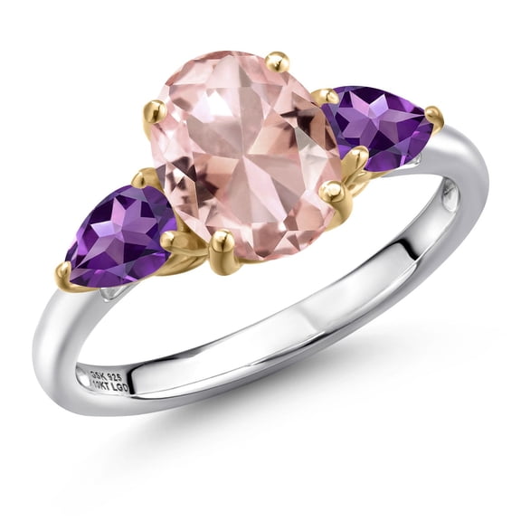 Gem Stone King 925 Silver and 10K Yellow Gold Peach Nano Morganite and Purple Amethyst Engagement Ring for Women | 2.72 Cttw | Oval 9X7MM | Gemstone October Birthstone | Size 7