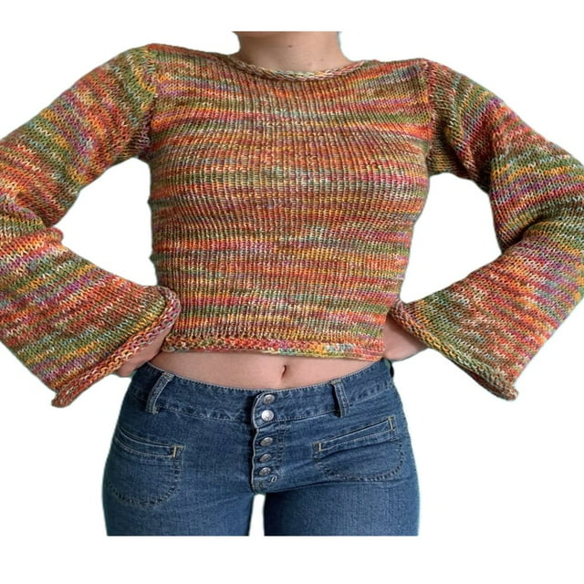 Femmes Crop Top Pull Y2k Tricot Crochet Manches Longues Pull Pull Tops