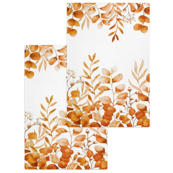 Orange Eucalyptus Leaves Kitchen Dish Towels for Drying Dishes Set of 2, Watercolor Spring Summer Botanical Waffle Weave Microfiber Hand Tea Bathroom Towels Quick Dry & Absorbent Towel 15.7x23.6