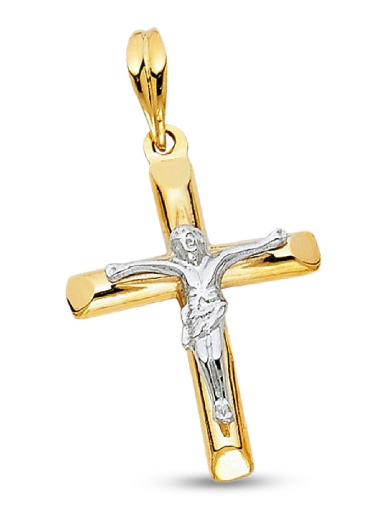 14k 2 Two Tone Solid Yellow White Gold Cross Jesus Crucifix Charm Pendant