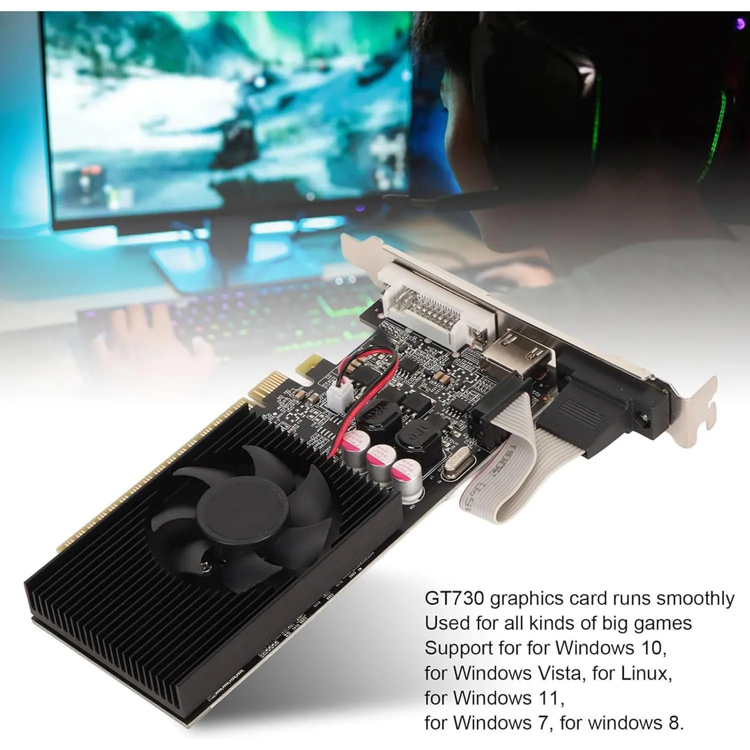 GT730 Graphics Card, 64Bit 810MHZ 2GB DDR3 Graphics Card, 2560x1600 PC Video Card, PCI Express 2.0, with DVI I, VGA, HDMI Interface (GT730 2GB GDDR3)