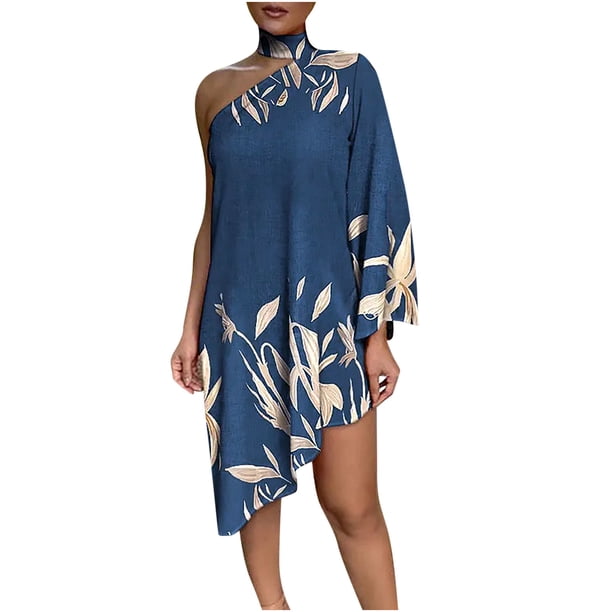 Vestido estampado con dobladillo irregular y hombros caídos con cuello halter sexy para mujer a la moda Pompotops hdfakjf9048