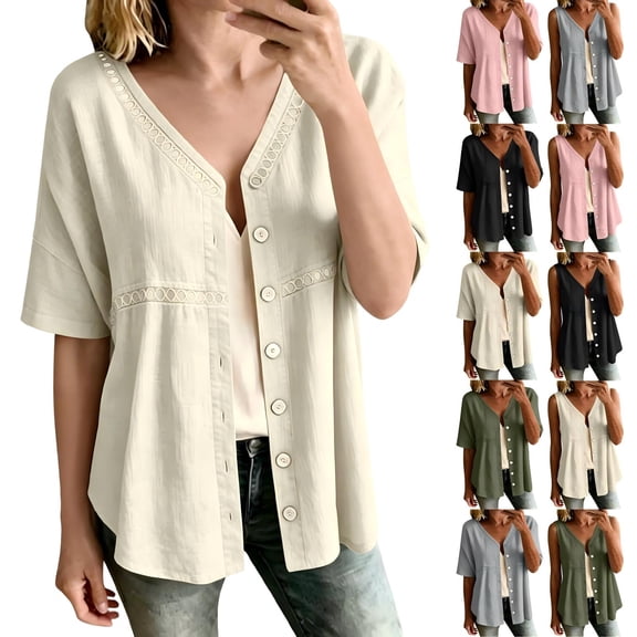 Tqcoqu Button Down Shirts for Women 3/4 Sleeve & Sleeveless Solid Cotton Linen Hollow Out Casual Lightweight Tops,Black Women's S-XXXL