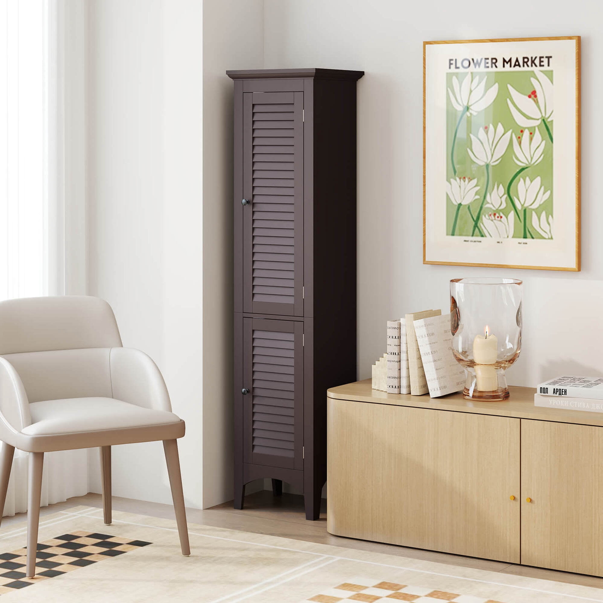 Costway 63" Tall Bathroom Cabinet with 2 Louvered Doors & Adjustable Shelf Elevated Legs Brown