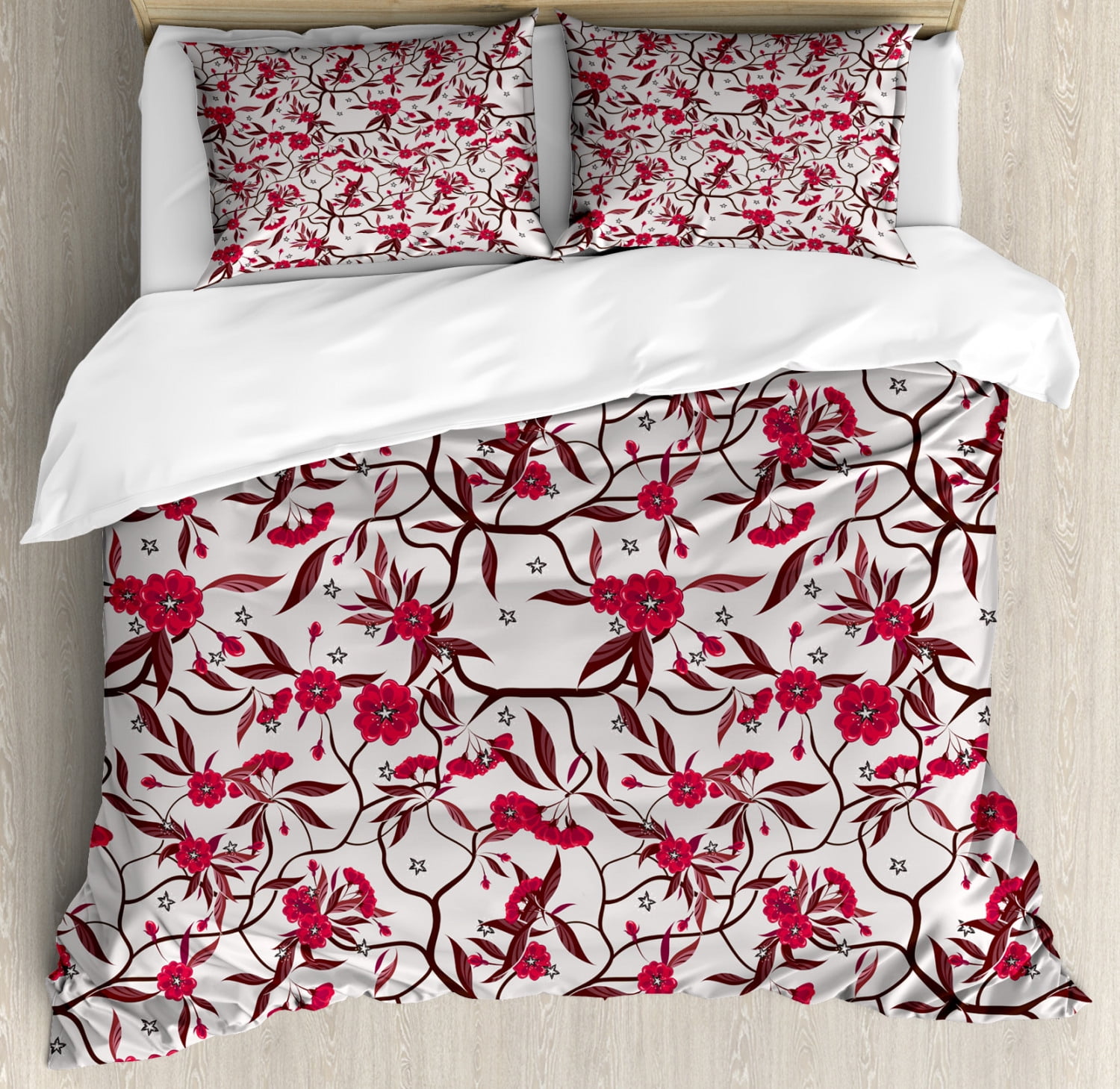 Red and Brown Duvet Cover Set King Size, Floral Blooming Branches with