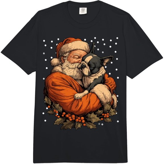 Christmas Boston Terrier Dog with Santa Claus Winter Season Comfort Colors Adult Heavyweight Adult T-Shirt