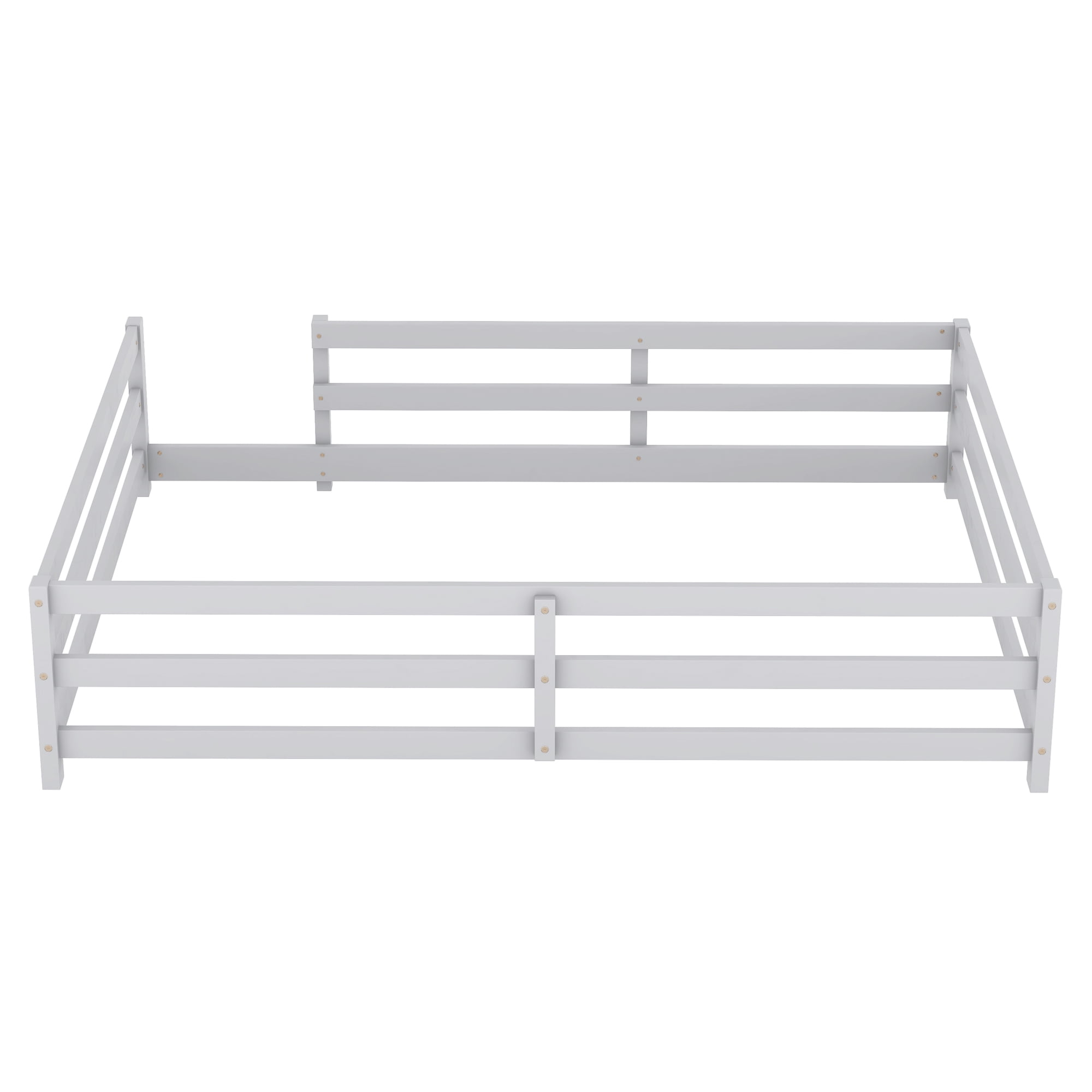 Floor Bed, Full Size Montessori Bed Frame, Wood Floor Bed with Fence and Guardrails, No Box Spring Needed, Grey Wood Finish