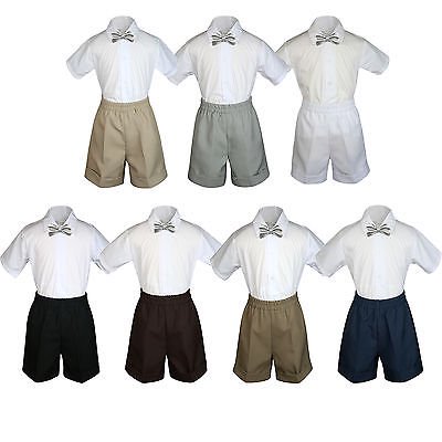 

3pc Set Boy Toddler Formal Party Silver BowTie White Black Khaki Shorts S-4T