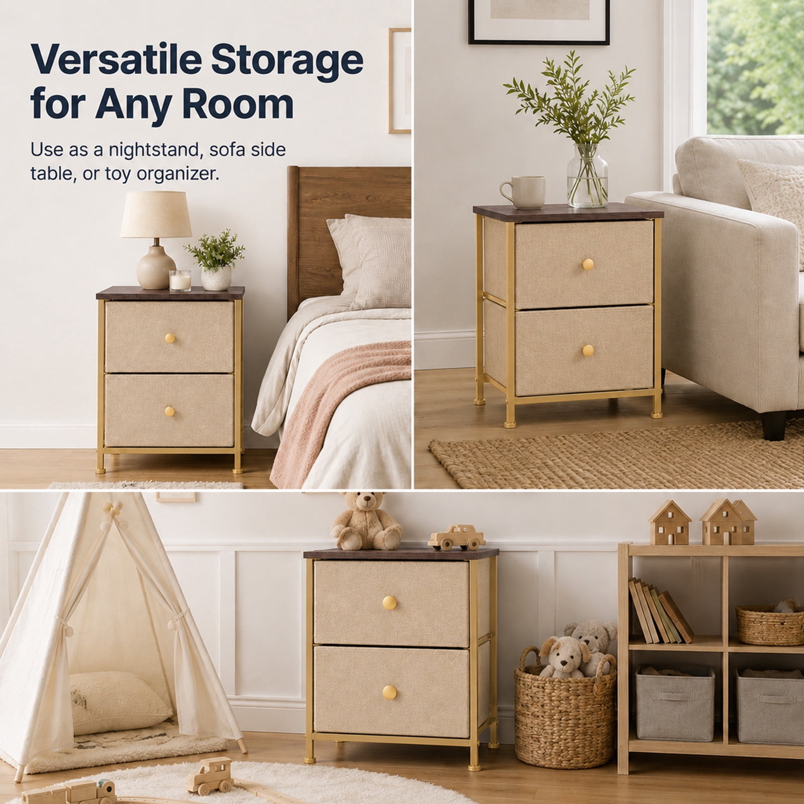 Alvantor Nightstand with 2 Storage Drawers, Small Bedside Table, Small Dresser with Sturdy Wooden Top for Daily Essentials, Compact Nightstand for Bedroom and Small Spaces