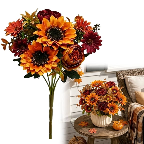 Goodw7 Artificial Fall Bouquet, Mixed Sunflower Peony Chrysanthemum with Bendable Stems, Faux Silk Floral Arrangement for Table Centerpiece Wedding Thanksgiving Home Decor