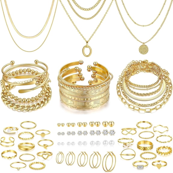 58 Pcs Gold Jewelry Set for Women with Necklace, Bracelet, Earrings, Rings, Valentine Birthday Party Gift for Women