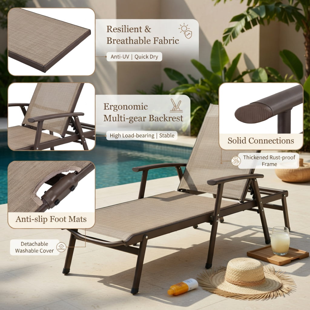 Hommoo Foldable Outdoor Chaise Lounge Chair with Adjustable Backrest & Footrest, Steel Frame for Patio, Poolside & Garden, Brown