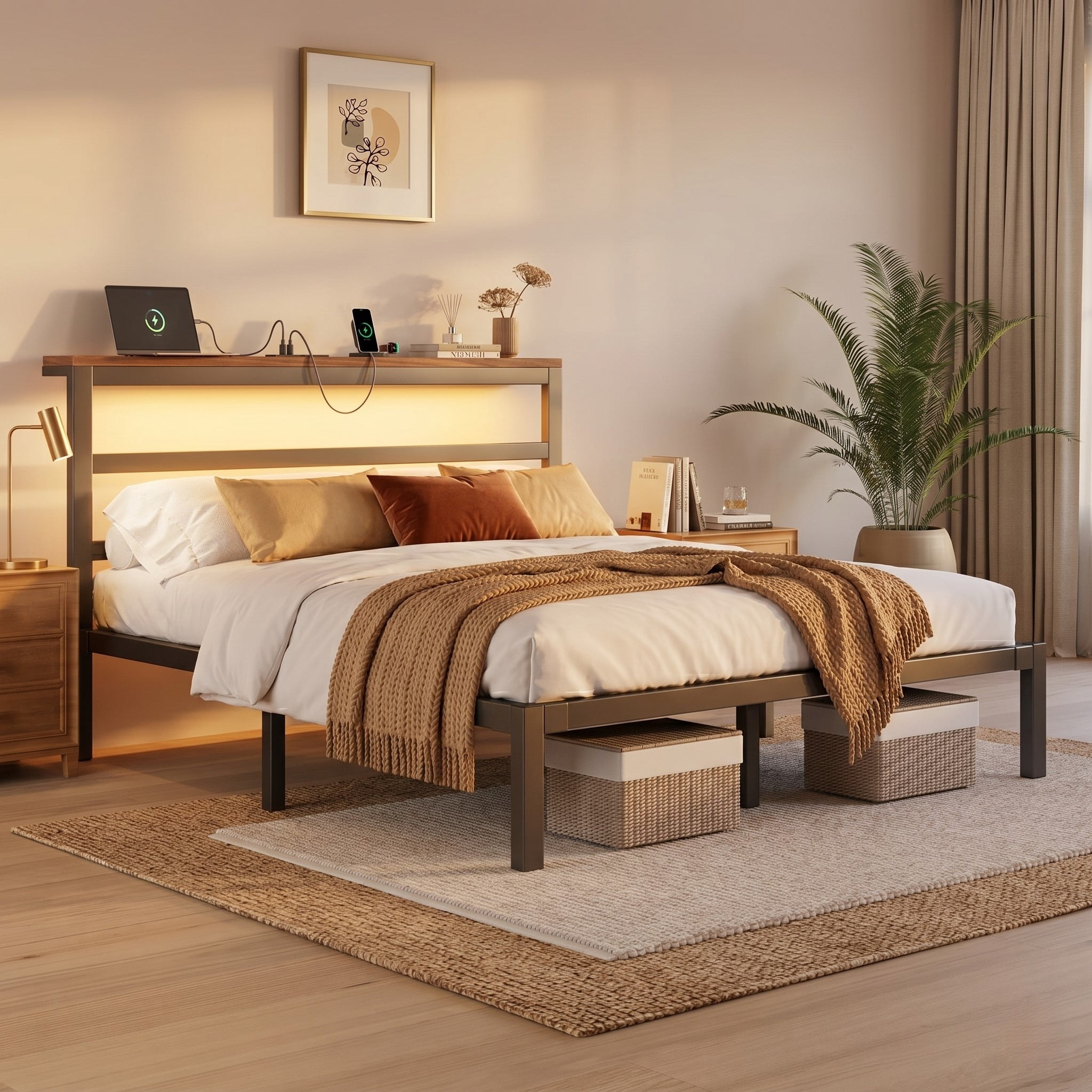 E-motie Queen Size Bed Frame with Storage Headboard, Heavy Duty Platform Bed Frame with Charging Station and LED Light, Easy to Assemble, No Box Spring Required, Black