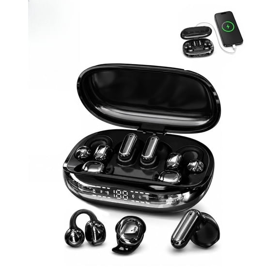 6-in-1 Smart Wireless Earbuds, Open-Ear Clip-On Bluetooth Headphones with Mini Sleep Earbuds, ENC Calls, 3D Stereo Sound & LED Display