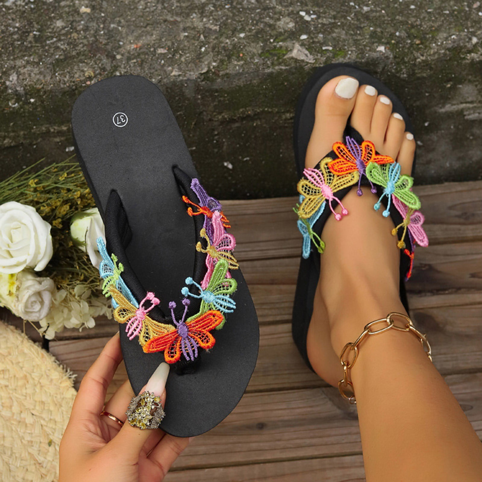 Women s Sandals Female Sandal Adult Womens Shoes Womens Sandals Yoga Women Shoes Thick Soled Wedge Heel Flip Flops Fashionable One Foot Beach Gel