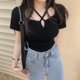 thumbnail image 1 of VISgogo Mujeres Casual Crop Tops, Color Sólido Manga Corta Slim-Fit Plisado Tops, Talla única VISgogo moda, 1 of 2