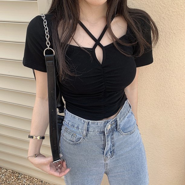 VISgogo Mujeres Casual Crop Tops, Color Sólido Manga Corta Slim-Fit Plisado Tops, Talla única VISgogo moda